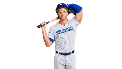 Baseball player, dynamic pose, muscular arms, baseball bat, worn glove, white uniform, blue stripes, sweaty face, intense eyes, messy hair, afternoon sunlight, shallow depth of field, 3/4 composition,