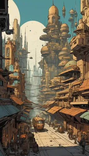 ancient city,futuristic landscape,post-apocalyptic landscape,sci fi,scifi,sci fiction illustration,sci-fi,sci - fi,destroyed city,fantasy city,post apocalyptic,gas planet,human settlement,wasteland,valerian,cityscape,metropolis,colony,dystopian,alien planet,Illustration,Children,Children 04