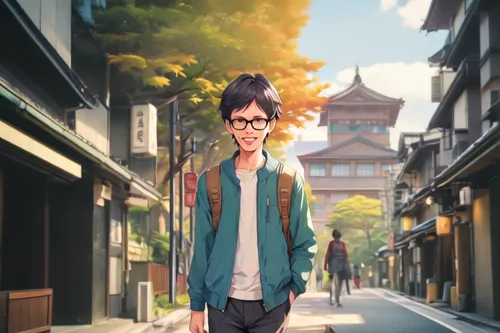 anime japanese clothing,anime cartoon,2d,anime 3d,noodle image,tracer,jin deui,animator,anime boy,sakana,aomoriya,main character,yuzu,aonori,tsukemono,walking man,japanese background,animated cartoon,