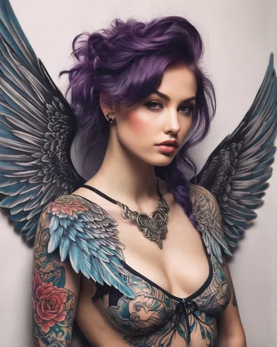 A rebellious soul flaunts a tattooed heart and soaring wings.,winged heart,winged,faery,dark angel,angel wings,wing purple,faerie,pixie,tattoo girl,necklace with winged heart,vintage angel,the humming