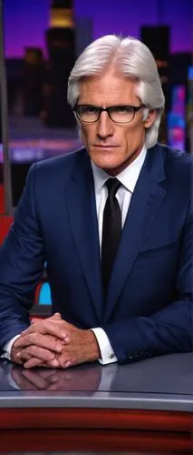 Keith Morrison, male, news anchor, suit, white shirt, tie, glasses, short black hair, mature, serious facial expression, sitting, news desk, TV studio, cityscape background, bright lighting, 3/4 compo