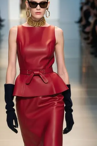 Fashion show ,a woman in a red leather dress and black gloves,mugler,moschini,mouret,roitfeld,ghesquiere,man in red dress,Photography,General,Realistic