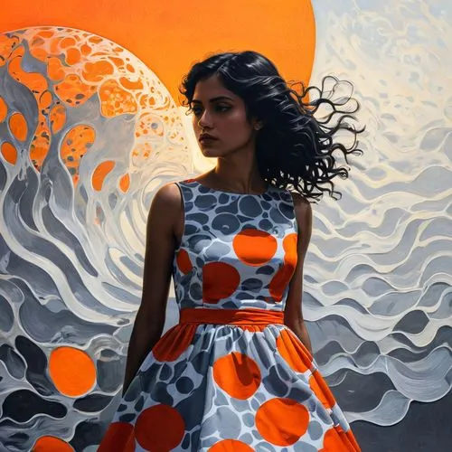 coral swirl,marimekko,world digital painting,digital painting,digital art,orange,orange dots,swirling,jyoti,aura,coral,tangerine,amaterasu,girl in a long dress,photomanipulation,sun,fluidity,azilah,sirena,jalebi,Illustration,Black and White,Black and White 16