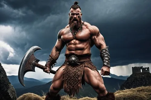 Goliath Barbarian, muscular male, furious expression, braided beard, tribal tattoos, fur loincloth, leather boots, giant axe, bloody sword, metal armor, spiked shoulder pads, intense battle-ready pose