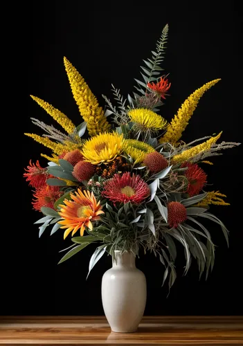 Australian native flower bouquet, yellow Wattle, red Waratah, orange Kangaroo Paw, red Banksia, Red Flowering Gum, yellow Everlasting Lily, Protea, King Protea, green Eucalyptus foliage, black vase, b