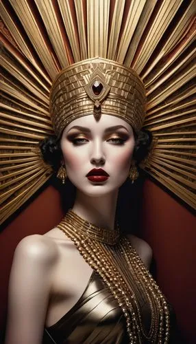 wadjet,ancient egyptian girl,art deco woman,hathor,cleopatra,amidala,headdress,golden mask,queenship,concubine,sumerian,golden crown,nephthys,gold jewelry,orientalist,gold mask,priestesses,asherah,oriental princess,athena,Conceptual Art,Daily,Daily 22