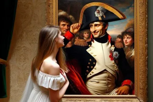 the girl's face,napoleon bonaparte,napoleon,romantic portrait,girl in a historic way,admired,courtship,popular art,bougereau,young couple,art painting,reenactment,paintings,distracted,droste effect,uncle sam,paint a picture,engagement,photo painting,holding a frame