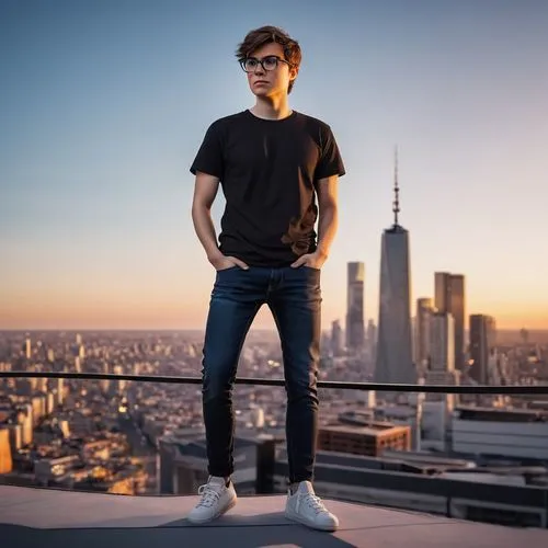 Designing video game, architect, standing, confident posture, trendy glasses, short brown hair, minimal makeup, casual wear, jeans, black graphic t-shirt, sneakers, holding controller, modern cityscap