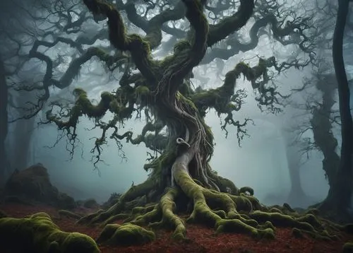 Mystical hagroot tree, ancient, twisted branches, thick gnarled trunk, moss covered, glowing ethereal mushrooms, surrounded by misty fog, eerie atmosphere, full moon shining above, dark mysterious for