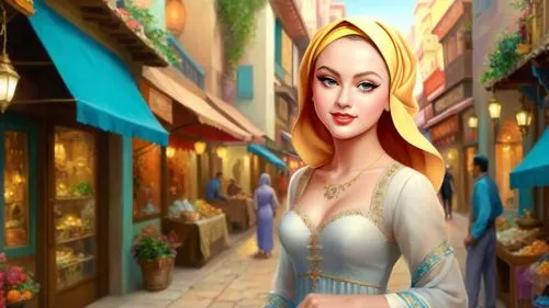 Romantic masterpiece oil painting, cute girl portrait, nostalgic 1950's style kitsch, breathtaking beautiful landscape, majestic scenery, Middle Eastern bazaar, Arabian marketplace, highly detailed, h