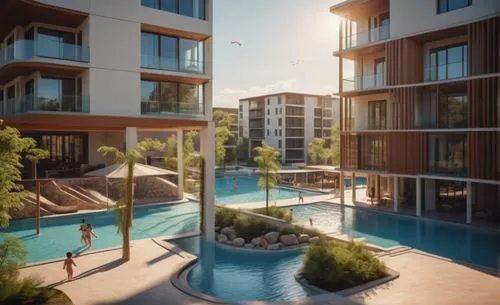 Architectural view of a Residential building in the style of contemporary design, landscape courtyard with trees, splash pool, lazy river, kids playing,landscape design sydney,landscape designers sydn