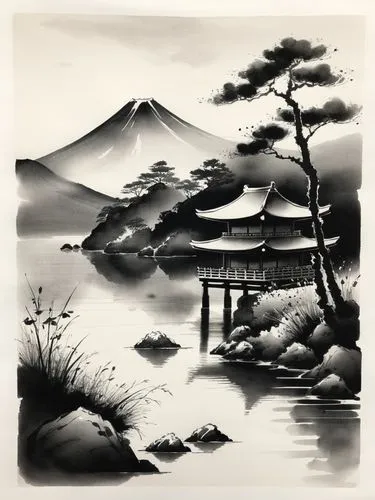 japan landscape,japanese art,lake tanuki,japanese background,cool woodblock images,tokaido,Illustration,Paper based,Paper Based 30