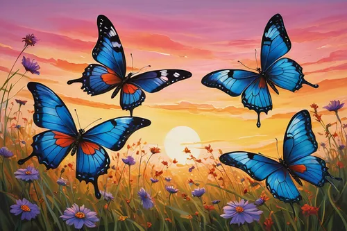 Create a painting that portrays the graceful dance of passion butterflies in a serene meadow at sunset.,butterfly background,blue butterfly background,ulysses butterfly,blue butterflies,butterflies,bu