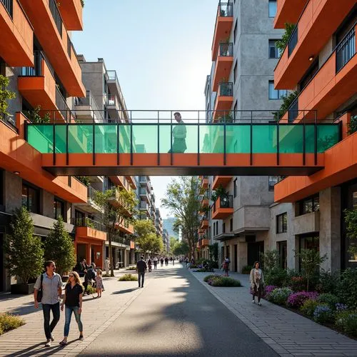 Vibrant pedestrian bridge, eclectic color palette, bold orange accents, bright turquoise railings, neon green lights, postmodern architectural style, irregular shapes, fragmented forms, abstract patte