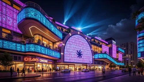 Vibrant casino facade, neon light displays, dynamic LED patterns, curved glass surfaces, metallic accents, futuristic architecture, urban cityscape, bustling nightlife, dramatic spotlights, shimmering