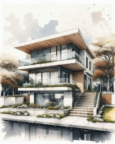 USE SKETCH STYLE,a rendering of a three - story house with a pool and trees surrounding it,sketchup,revit,renderings,3d rendering,modern house,modern architecture,Illustration,Paper based,Paper Based 