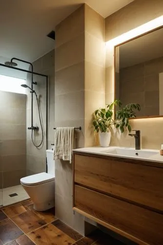 Generate a series of minimalist bathroom images featuring warm wood floors, combined with soft-toned walls, such as beige or gray. The design should have clean lines and plenty of natural light. Use l