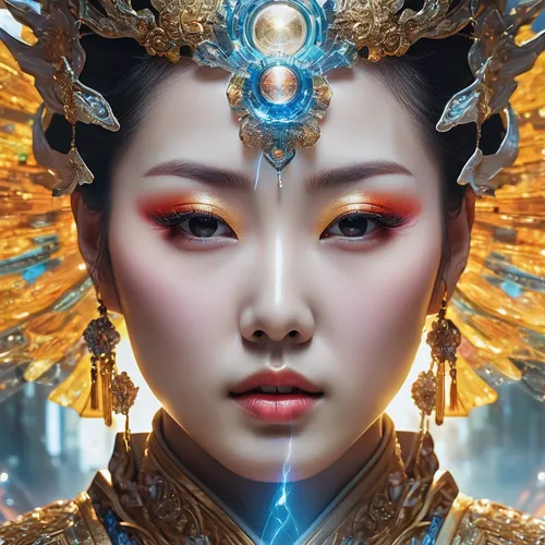 oriental princess,asian vision,inner mongolian beauty,taiwanese opera,chinese art,peking opera,oriental girl,oriental,golden crown,fantasy art,asian woman,golden mask,golden dragon,priestess,warrior woman,asian culture,fantasy portrait,oriental painting,geisha,bodhisattva,Photography,General,Natural