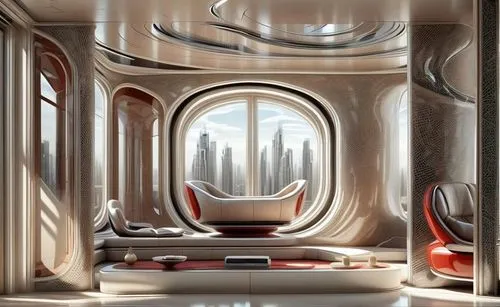 spaceship interior,art deco,railway carriage,sky space concept,train compartment,futuristic architecture