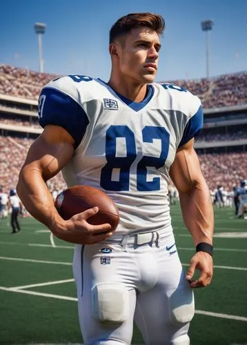 American football player, muscular man, athletic build, short brown hair, strong facial features, white jersey, blue pants, black shoes, holding football, confident pose, stadium background, cheering 