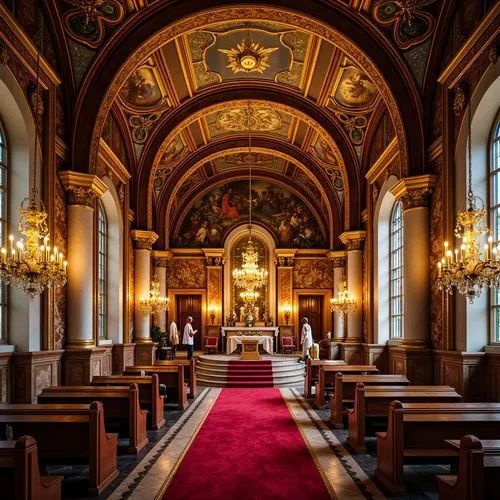 Ornate church, gilded ornaments, rich velvet drapes, intricately carved wooden panels, majestic stone columns, grandiose staircases, ornamental frescoes, lavish chandeliers, warm golden lighting, soft