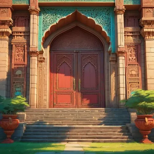 Ancient Indian architecture, intricately carved entrance gate, majestic stone pillars, ornate wooden doors, vibrant turquoise and red accents, delicate filigree patterns, symmetrical composition, warm