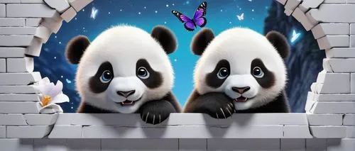 Panda bebé en pared con efecto realista , asomado a través de la pared rota , mariposas ,rio estrellado de fondo ,derivable,pandurevic,pandeli,pandas,beibei,pandera,pandita,baoquan,pandl,pandith,child