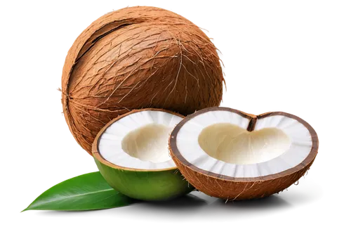 Coconut, brown shell, white coconut meat, green leaves, tropical fruit, solo, close-up, macro photography, shallow depth of field, soft natural light, warm color tone, transparent background.,cocos nu