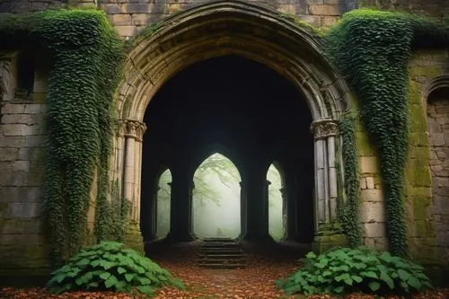 doorways,hall of the fallen,archways,forest chapel,portal,doorway,pointed arch,archway,haunted cathedral,entrances,creepy doorway,entrada,grotto,cloister,the threshold of the house,mausoleum ruins,ruins,cloisters,alcove,ruin,Art,Classical Oil Painting,Classical Oil Painting 13