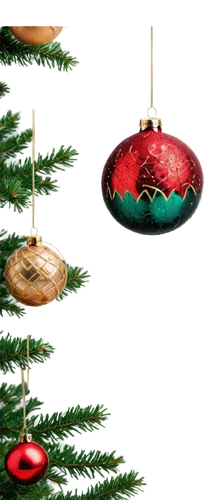 Christmas ball, shiny reflective surface, red and green glitter, golden threads, intricate patterns, hanging from tree branch, solo, close-up, macro shot, soft focus, warm lighting, festive atmosphere