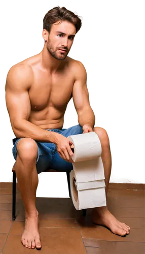 Muscular man, sitting, toilet, messy bathroom, sweat droplets on forehead, worried expression, brown hair, rugged beard, white tank top, dark blue jeans, bare feet, legs apart, holding toilet paper, f