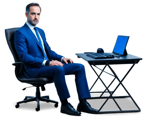 Dark desktop, modern design, sleek surface, metallic edges, glowing blue screen, keyboard, mouse, cables, leather office chair, mature businessman, sitting, serious expression, dim lighting, shallow d