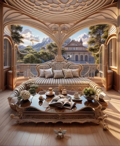 ornate room,dandelion hall,luxury property,canopy bed,danish room,breakfast room,sitting room,luxury home interior,luxury real estate,3d fantasy,great room,3d rendering,wooden windows,art nouveau design,interiors,livingroom,four poster,sleeping room,living room,luxurious