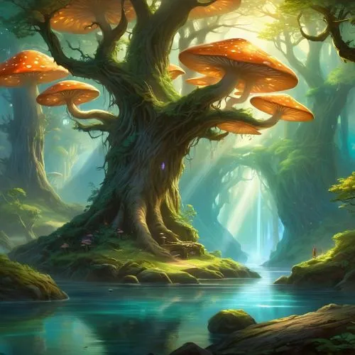 mushroom landscape,fairy forest,elven forest,tree mushroom,fantasy landscape,yggdrasil,enchanted forest,mirkwood,mushroom island,forest tree,magic tree,fairytale forest,cartoon video game background,forest landscape,forest background,cartoon forest,ents,fantasy picture,celtic tree,fairy world,Illustration,Realistic Fantasy,Realistic Fantasy 01