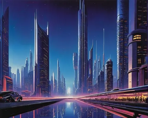 Futuristic 2080s titanium architecture, skyscraper, neon lights, metallic reflections, sleek lines, curves, cyberpunk cityscape, dark blue night sky, stars visible, holographic advertisements, bustlin