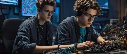 Ranboo, AI, solo, (20yo), messy hair, glasses, casual clothes, ripped jeans, sneakers, relaxed posture, leaning on a desk, laptop open, coding, dim lighting, room filled with computer parts, wires, an