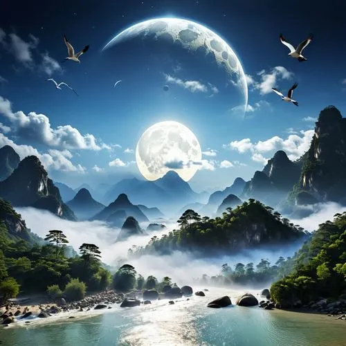 fantasy landscape,landscape background,lunar landscape,moon and star background,fantasy picture,mountainous landscape,nature background,moonlit night,dreamscapes,world digital painting,mountain landscape,nature wallpaper,beautiful landscape,cartoon video game background,dreamscape,moonlit,wolong,hanging moon,fantasy art,dream world