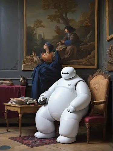 disney baymax,baymax,michelin,man with a computer,popular art,studio ghibli,louvre,anthropomorphized animals,orsay,ugolino and his sons,art world,hippopotamus,fine art,renaissance,plus-size,soft robot,big penguin,michelangelo,universal exhibition of paris,porcelaine,Art,Classical Oil Painting,Classical Oil Painting 33