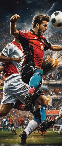 Design an action-packed sports wallpaper featuring a soccer player kicking the ball into a crowded stadium during an intense match.,soccer kick,soccer,european football championship,wall & ball sports