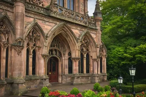 Dudley town hall, Victorian-era inspired, intricate stonework, Gothic arches, grand clock tower, ornate facade, stained glass windows, heavy wooden doors, lush greenery, flower beds, old lamp posts, c