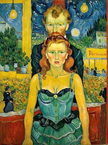 Entertainers in a Parisian nightclub.. Let the motif appear as a French impressionist painting as if it had been painted by Vincent van Gogh.,a woman is dressed in blue with an apron over her dress,vi