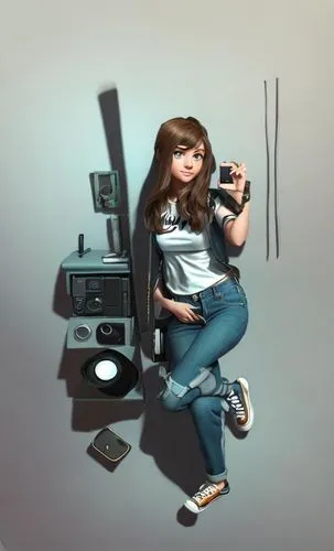 a photography full body of a young girl 24 years old, brown hair, green eyes, confident expression, and a cellphone in a hand wearing a soft blue top and open jeans whit out shoes stand up at morning 