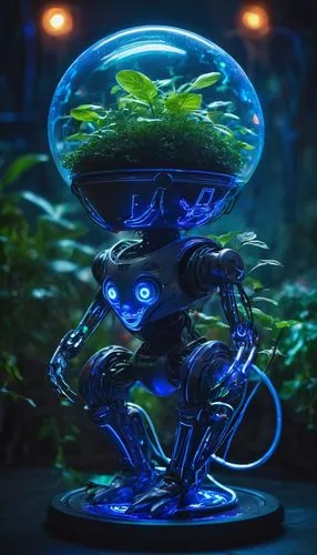 Planter AI, futuristic robotic plant pot, sleek metallic body, glowing blue circuits, intricate wires, transparent glass container, lush greenery overflowing, vines crawling up, softbox lighting, subt