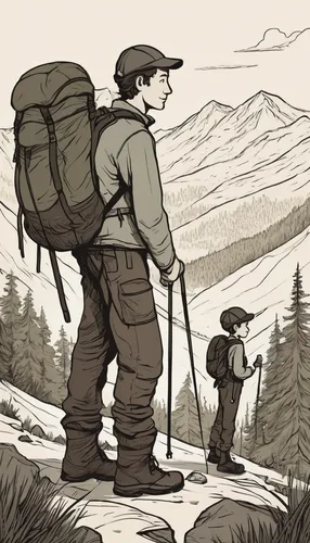 Craft a heartwarming story about a father and son bonding during their 8-mile hike through the mountains.,hiker,hiking equipment,mountain guide,backpacking,hikers,forest workers,mountaineers,adventure