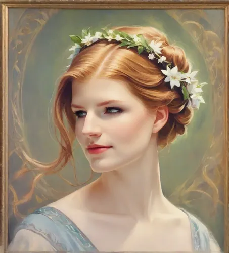 emile vernon,romantic portrait,portrait of a girl,fantasy portrait,marguerite,girl in a wreath,mystical portrait of a girl,portrait background,princess anna,girl portrait,vintage female portrait,victorian lady,spring crown,flora,young woman,elsa,artist portrait,celtic queen,portrait of a woman,diadem