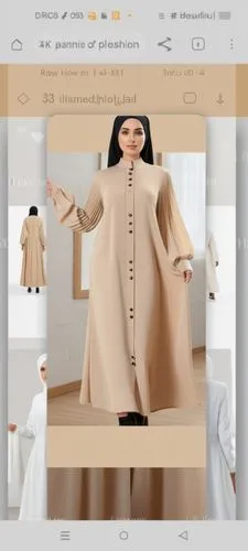 3d fashion drawing of women beige dress fashion Muslim hijab with the pelisee and pleats on the end of dress with beige dress with black bottoms in the chest by 4k,a woman in a brown dress is shown wi