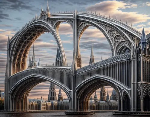 gothic architecture,futuristic architecture,hohenzollern bridge,medieval architecture,milan cathedral,pointed arch,architecture,3d fantasy,cologne cathedral,rouen,buttress,calatrava,kirrarchitecture,n