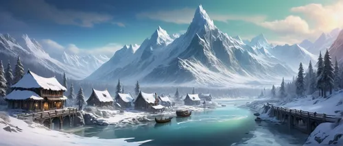 northrend,fantasy landscape,ice landscape,ice castle,winter background,fantasy picture,winter village,snow landscape,winter landscape,snow mountains,ice planet,mountain settlement,skyrim,snowy mountains,world digital painting,snowy peaks,snowy landscape,fantasy art,alpine village,snow scene,Photography,Fashion Photography,Fashion Photography 08