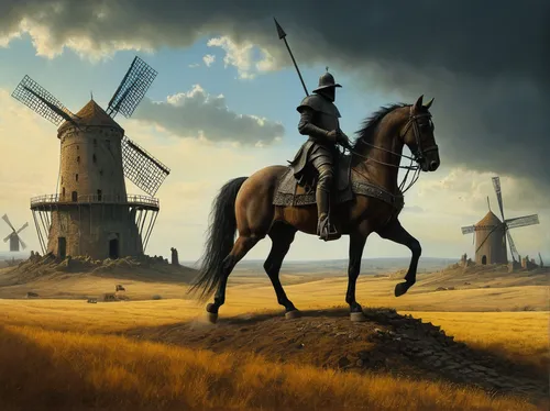 don quixote,the windmills,windmills,windmill,man and horses,dutch landscape,dutch windmill,ballet don quijote,scythe,western riding,wind mills,bronze horseman,old windmill,wind mill,horseman,heroic fantasy,horse herder,game illustration,cavalry,fantasy picture,Photography,General,Fantasy