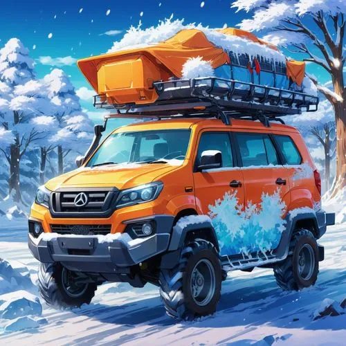 uaz,christmas truck,expedition camping vehicle,snow scene,christmas car,winter background,Illustration,Japanese style,Japanese Style 03